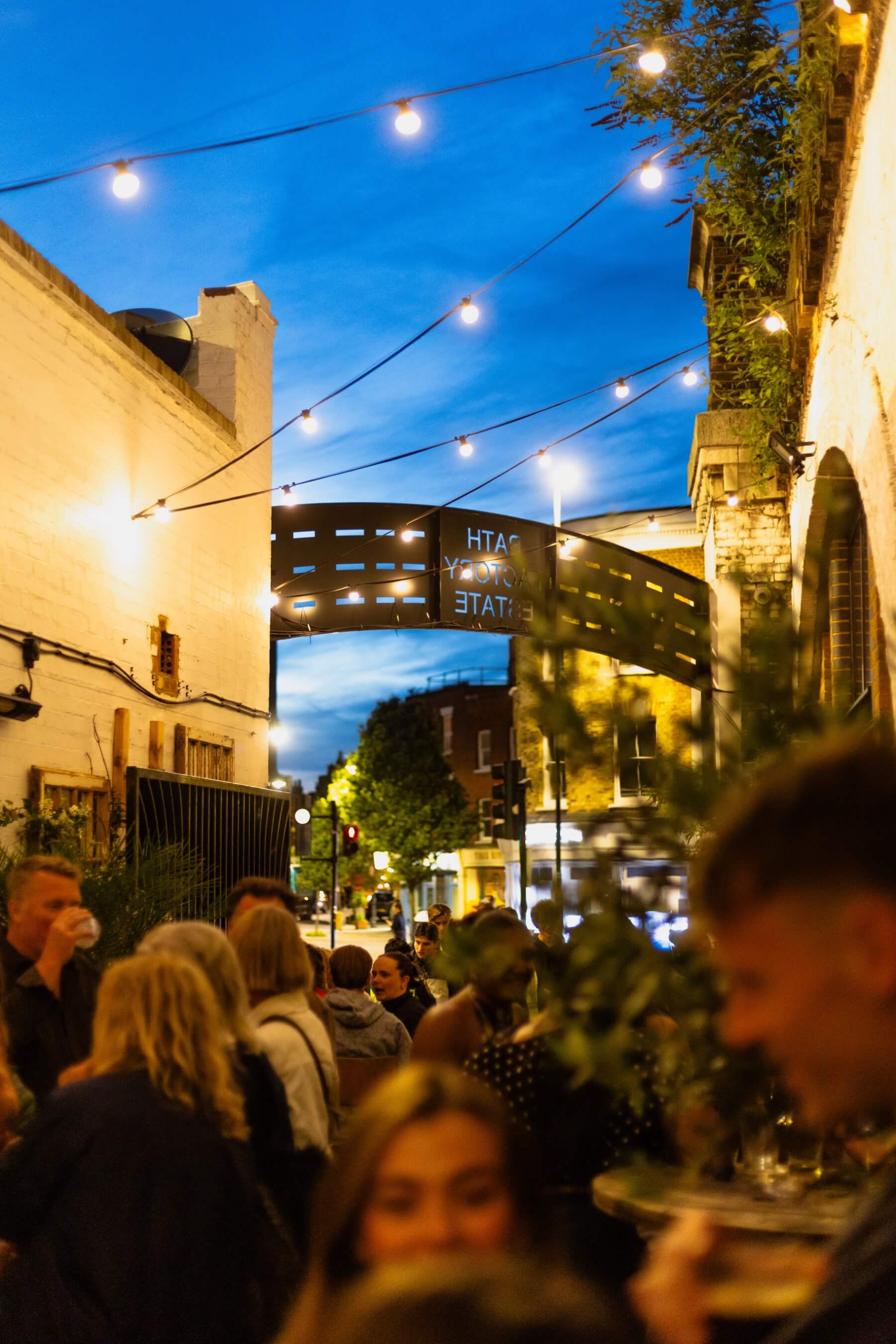 Twinkling lights outside the brewery in Herne Hill